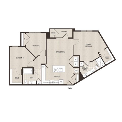 Floor plan for 3 beds, 2 baths, 1285 sqft